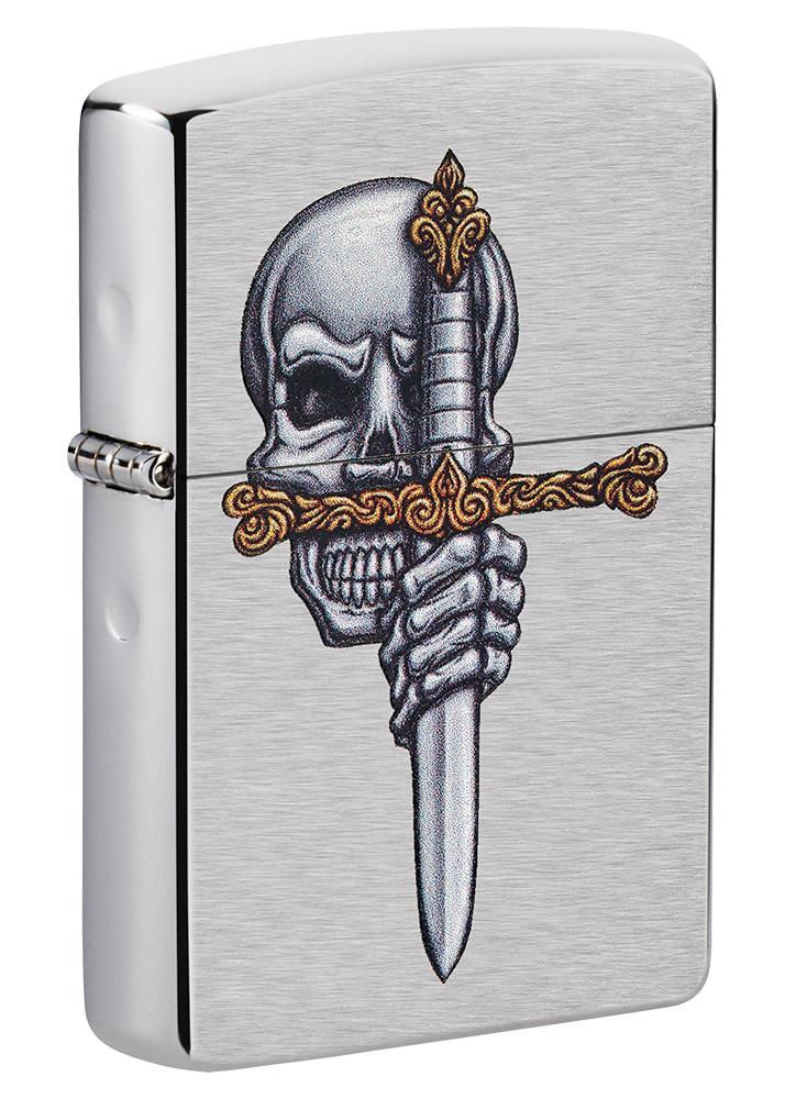 Front shot of Sword Skull Design Brushed Chrome Windproof Lighter standing at a 3/4 angle.