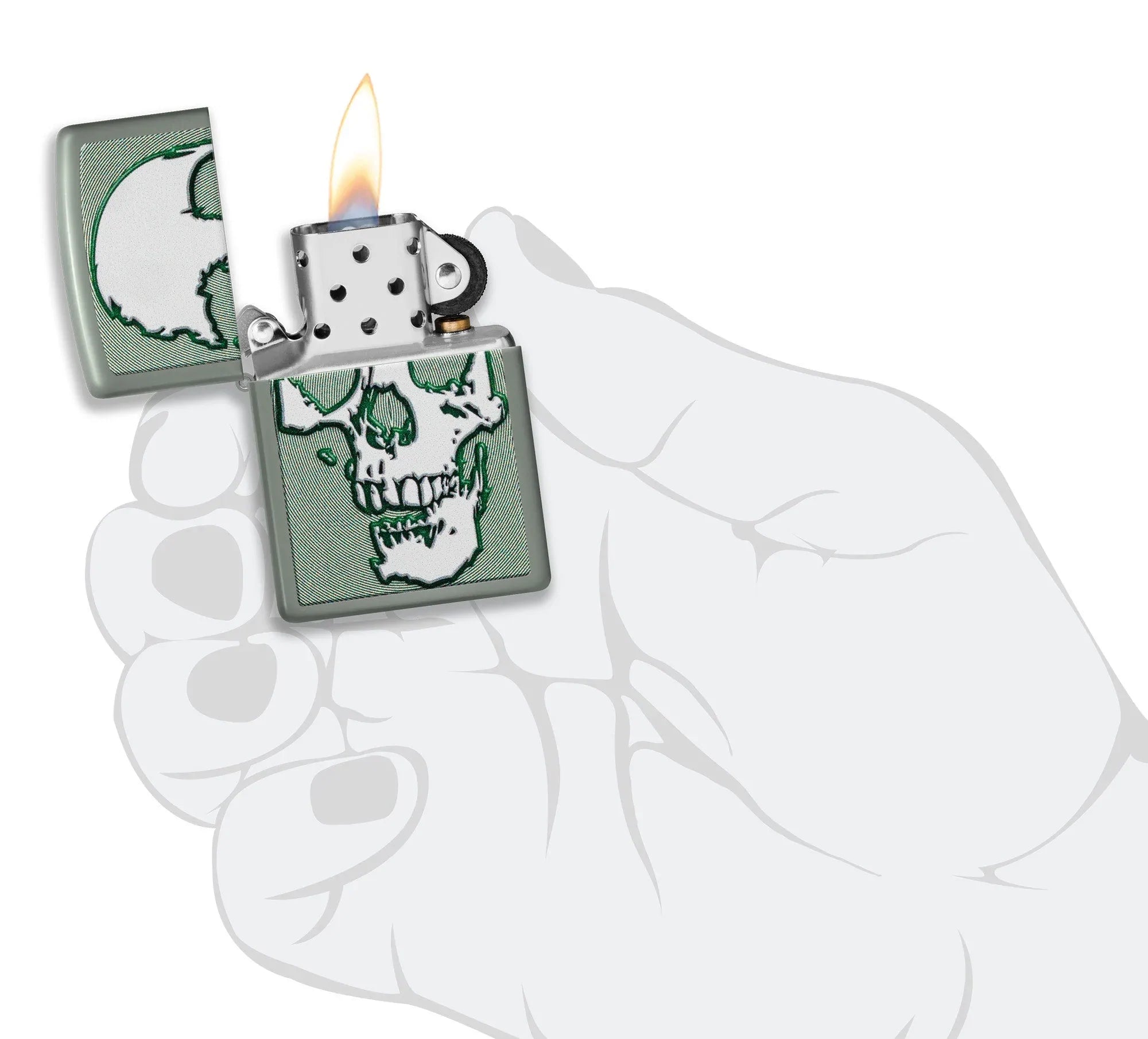 Zippo Skull Design Windproof Lighter lit in hand.