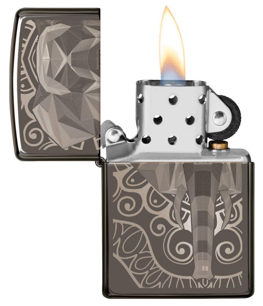 Elephant Fancy Fill Design Black Ice?« with its lid open and lit