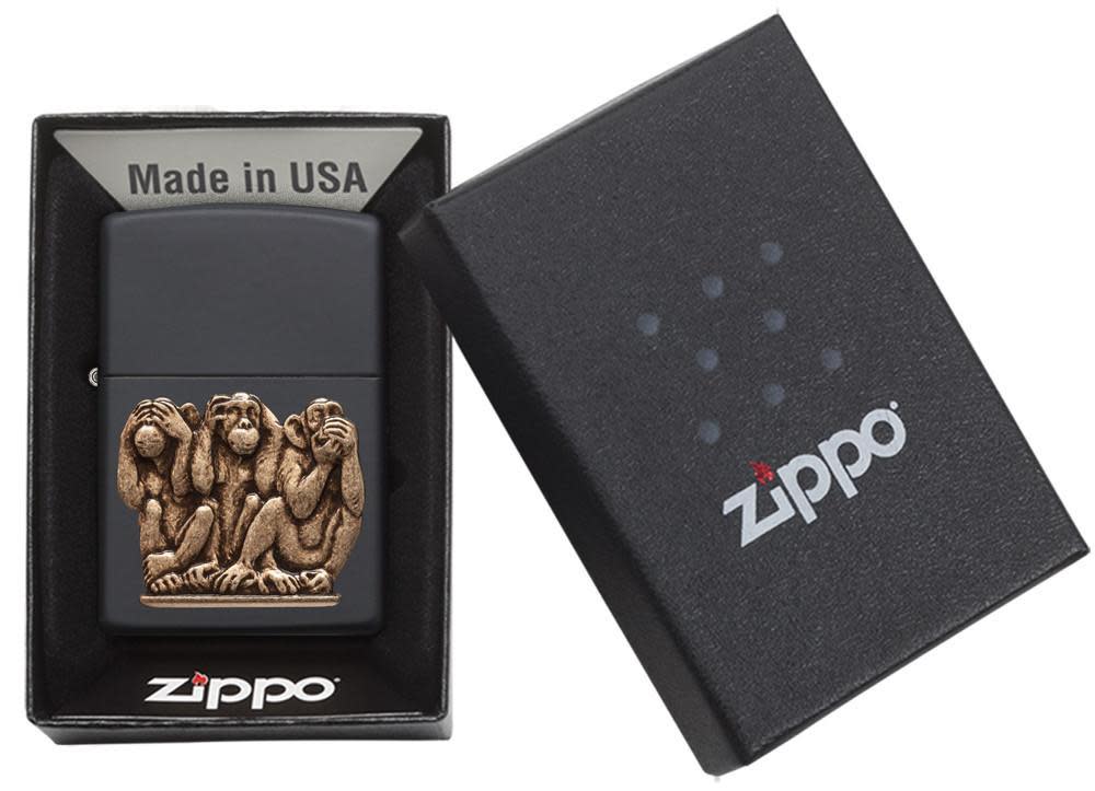 Three Monkeys Black Matte Windproof Lighter in its packaging