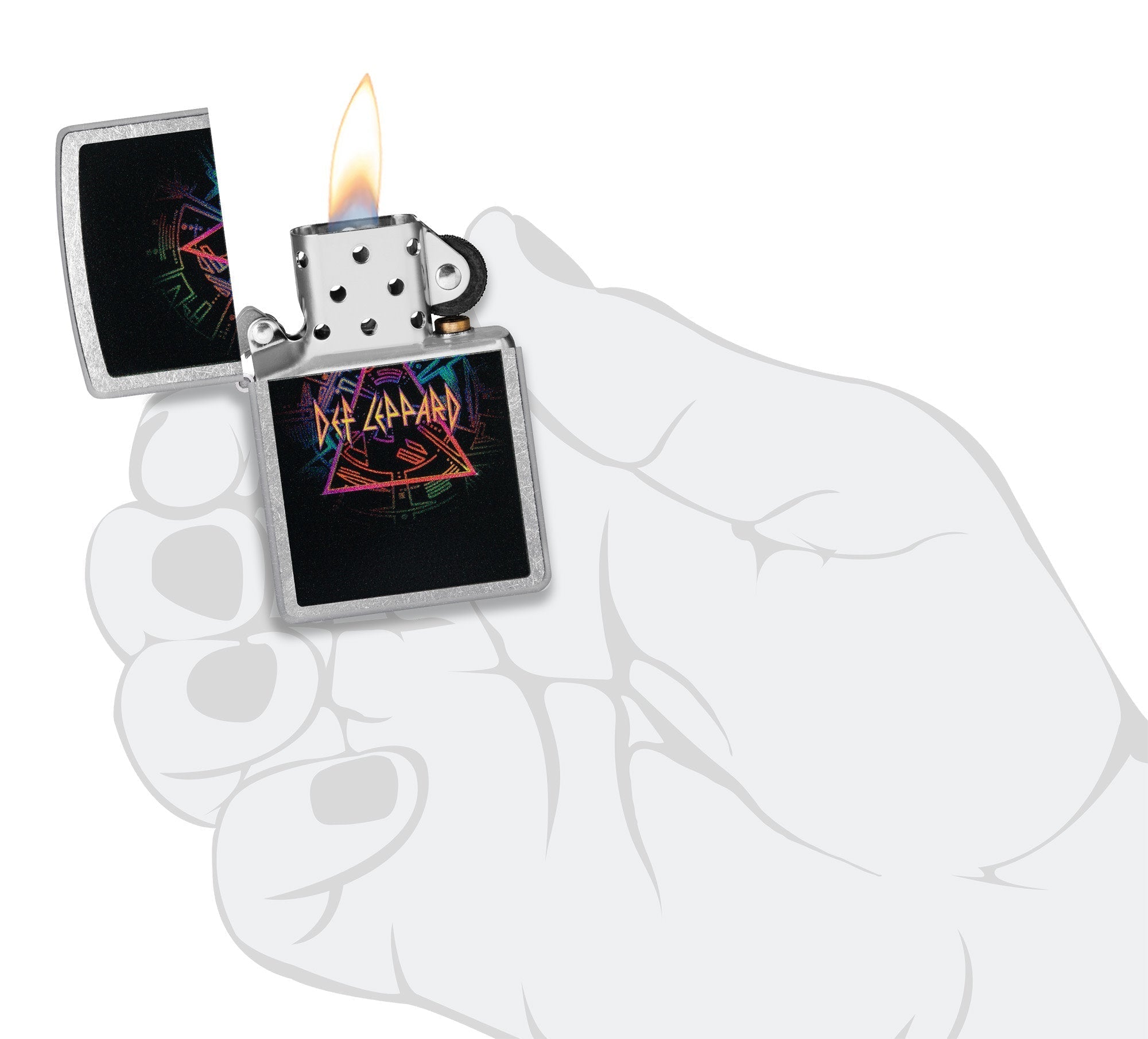 Def Leppard Design Street Chrome?äó Windproof Lighter lit in hand.