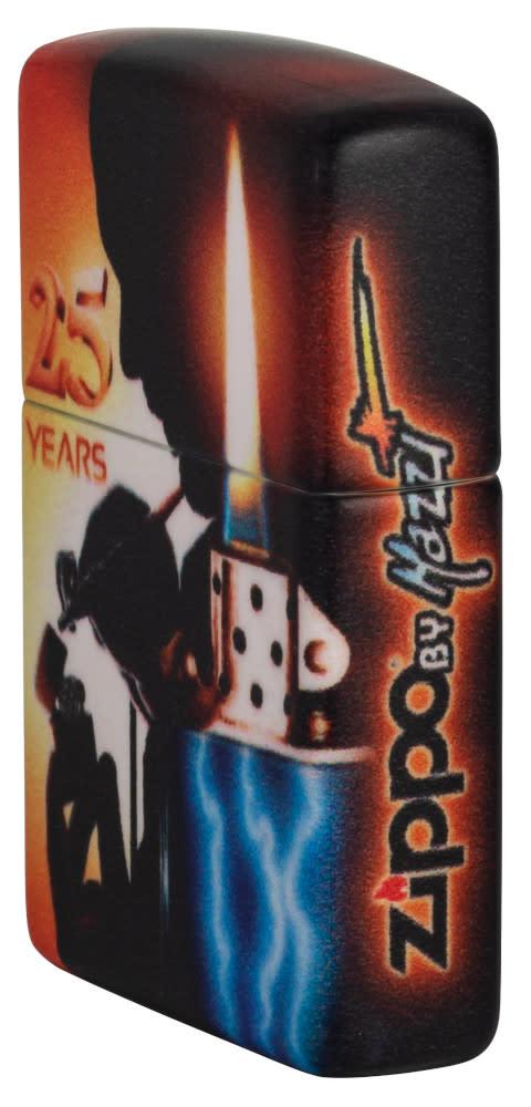 Mazzi?« 25th Anniversary 540 Color Windproof Lighter standing at an angle, showing the front and right side of the lighter.