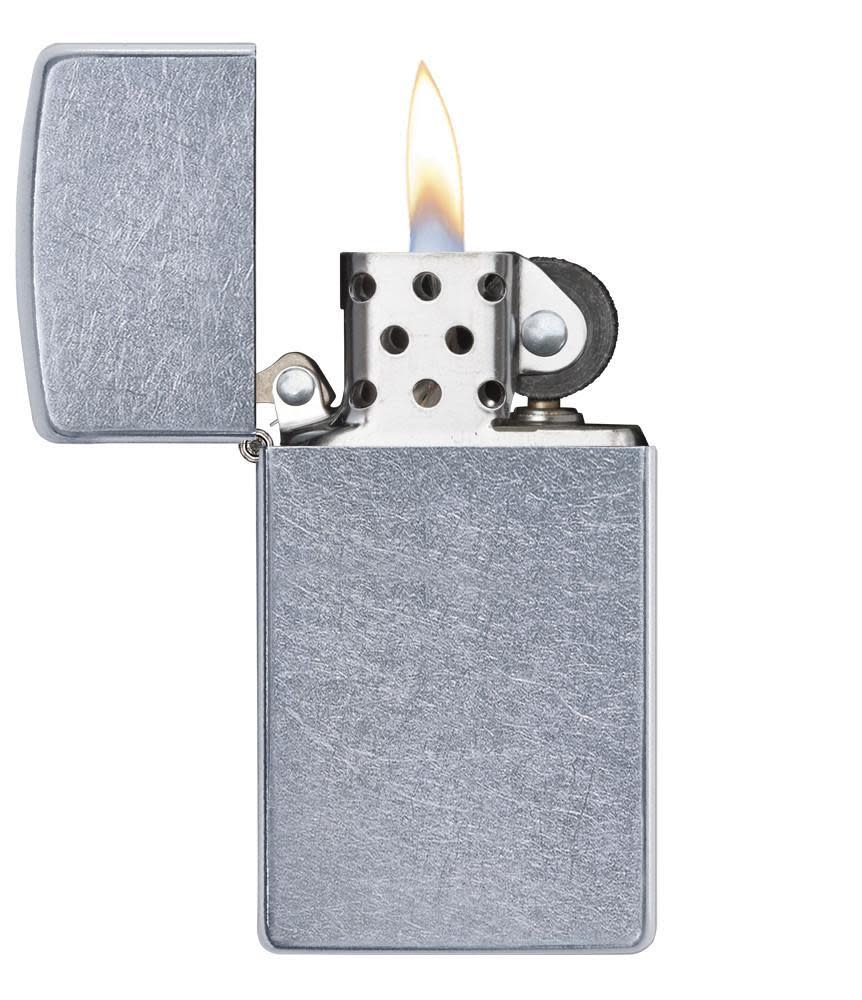 Slim?« Street Chrome?äó Windproof Lighter with its lid open and lit