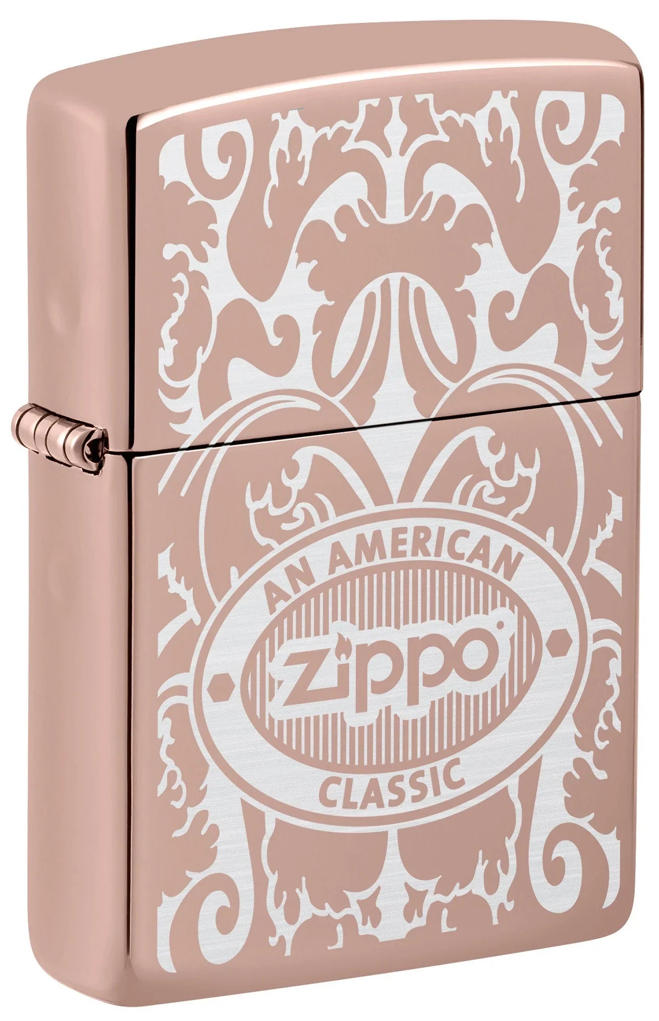 Front shot of Zippo American Classic Windproof Lighter standing at a 3/4 angle.