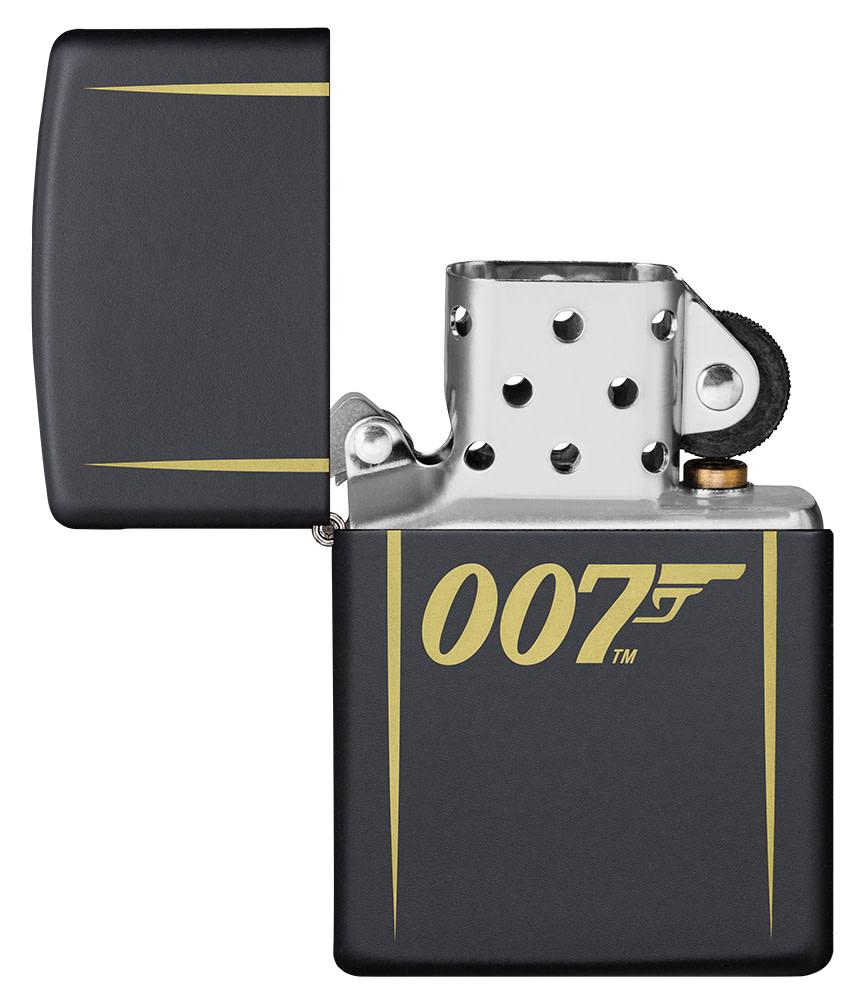 James Bond 007?äó Laser Engraved Black Matte Windproof Lighter with its lid open and unlit.