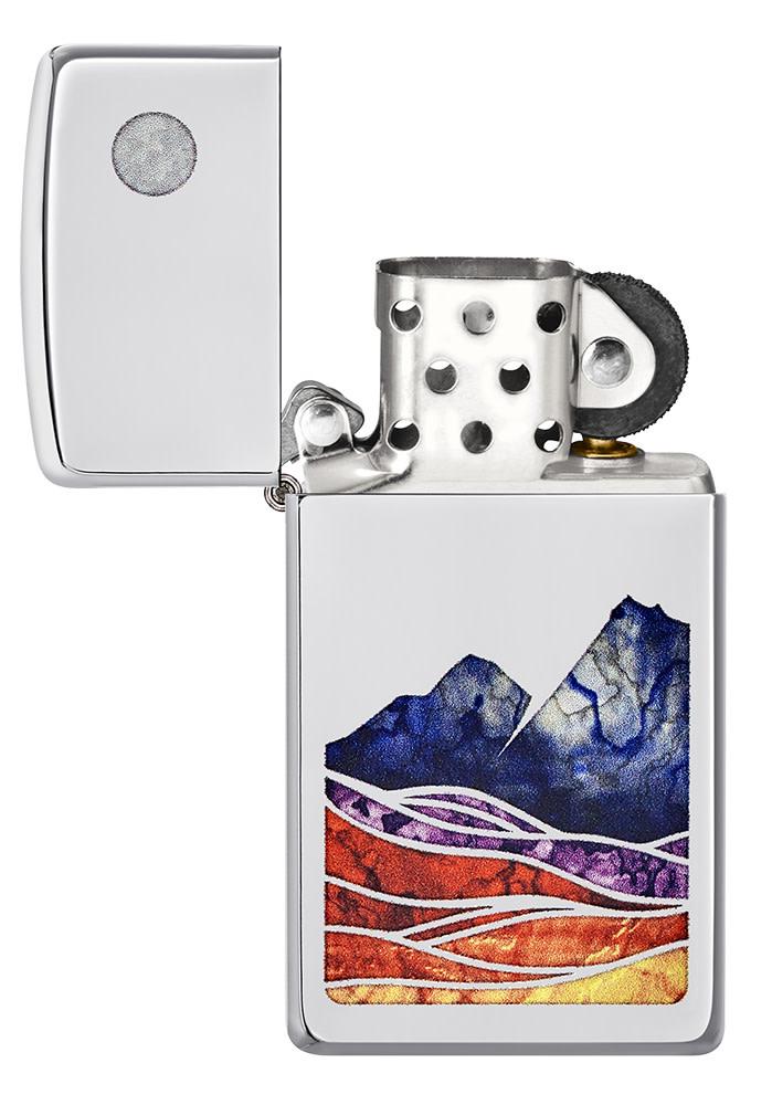 Slim?« Landscape Design High Polish Chrome Windproof Lighter with its lid open and unlit