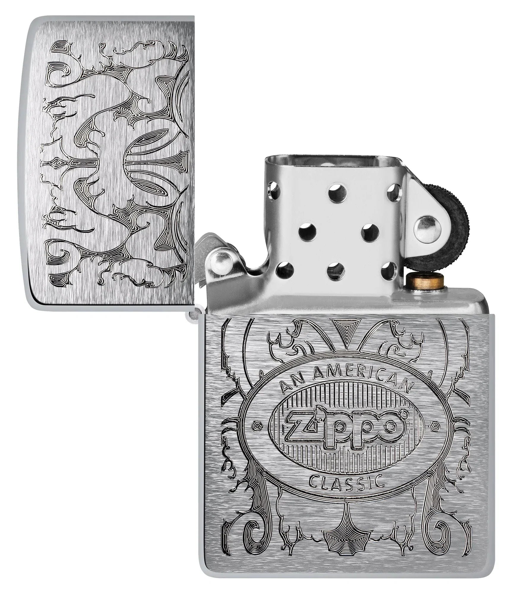 Zippo American Classic Windproof Lighter with its lid open and unlit.