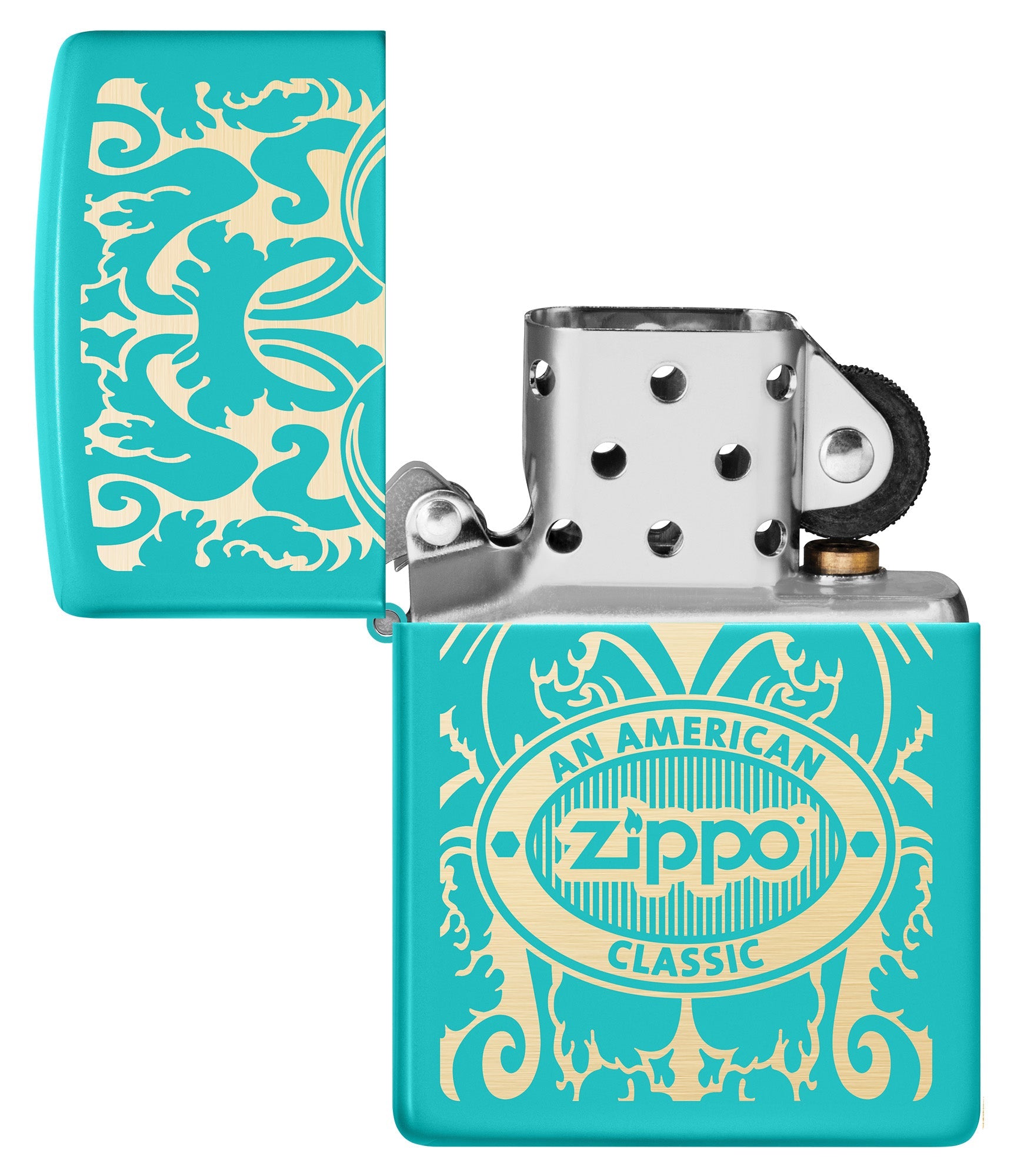 Zippo American Classic Windproof Lighter with its lid open and unlit.