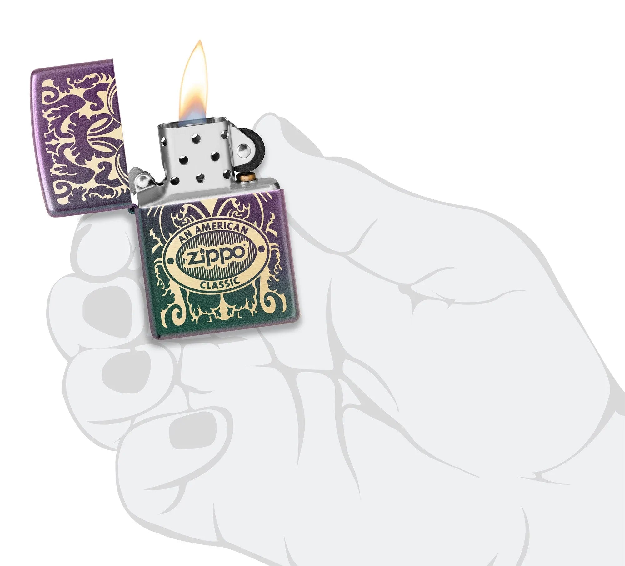 Zippo American Classic Windproof Lighter lit in hand.