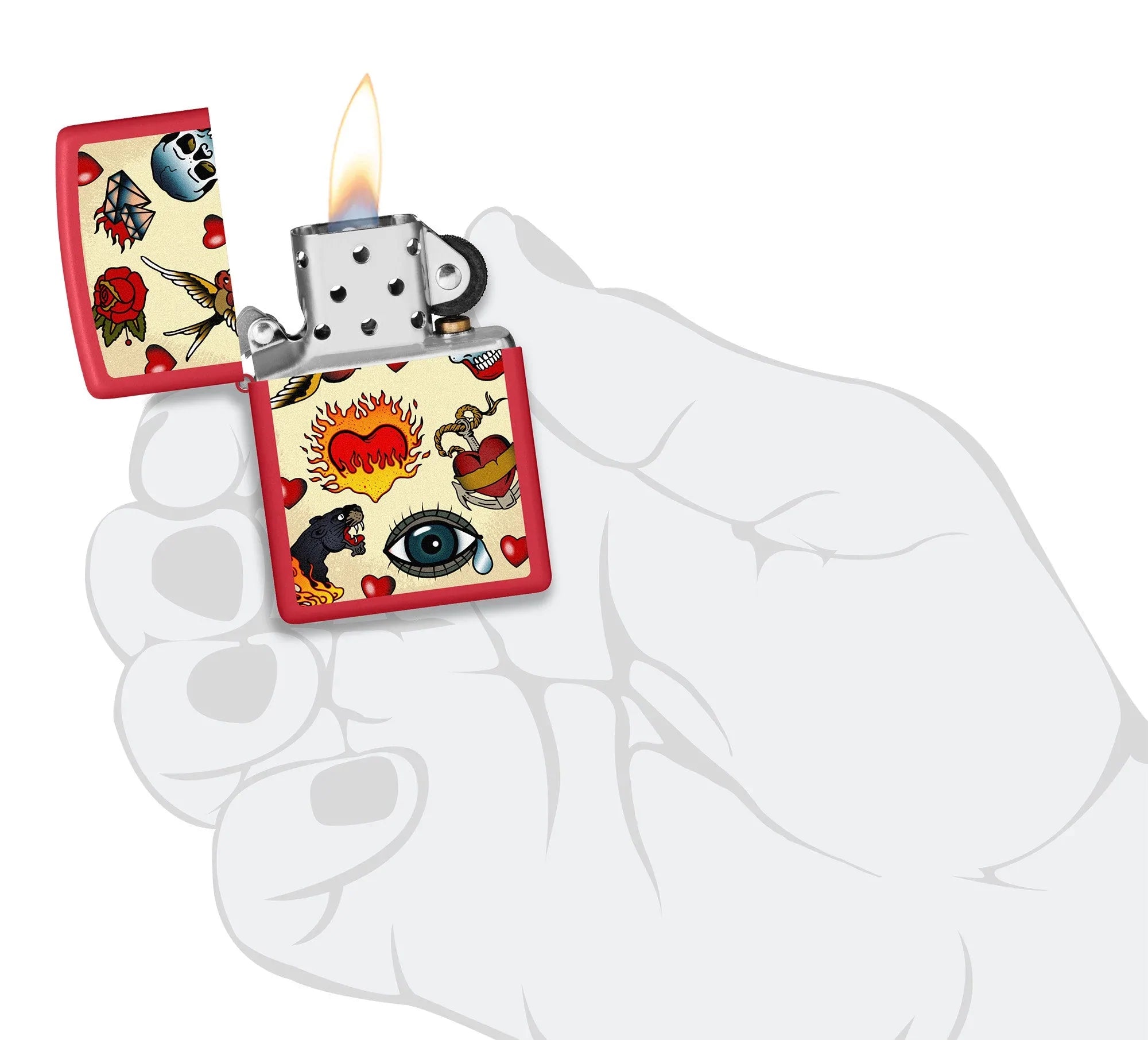 Zippo Tattoo Design Windproof Lighter lit in hand.
