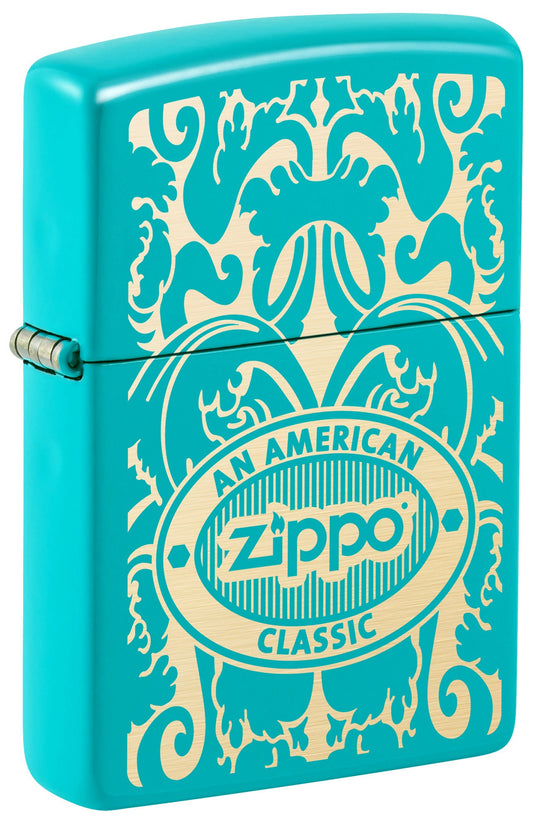 Front shot of Zippo American Classic Windproof Lighter standing at a 3/4 angle.