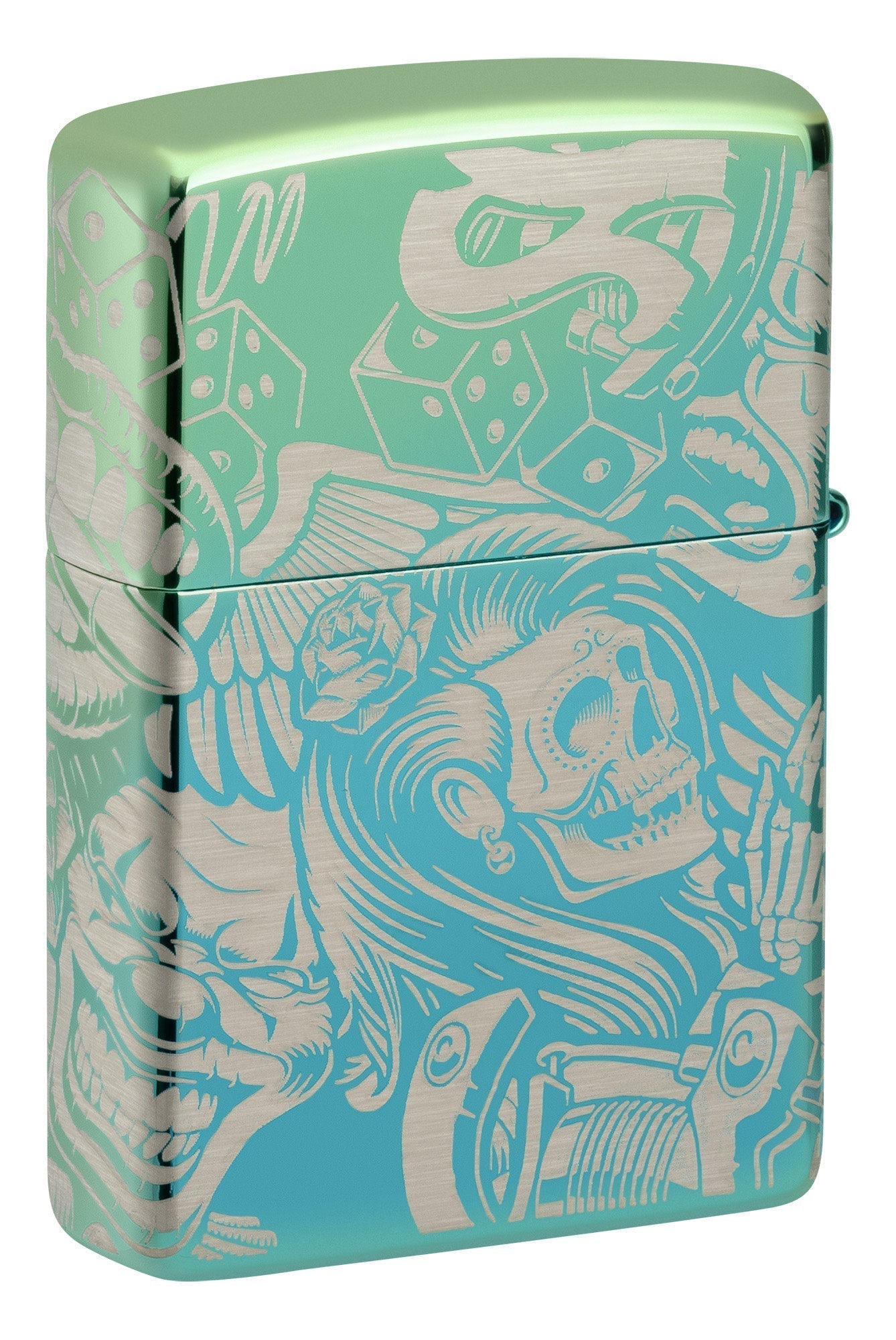 Back shot of Laser 360?? Tattoo Theme Design High Polish Teal Windproof Lighter standing at a 3/4 angle.
