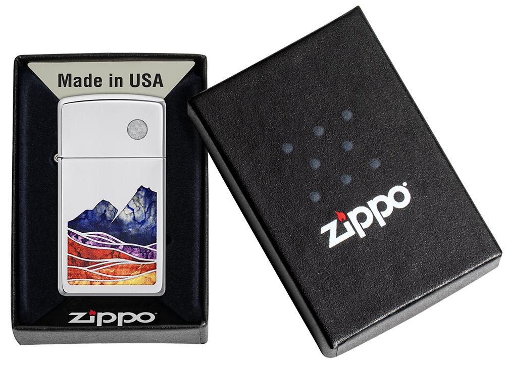 Slim?« Landscape Design High Polish Chrome Windproof Lighter in its packaging