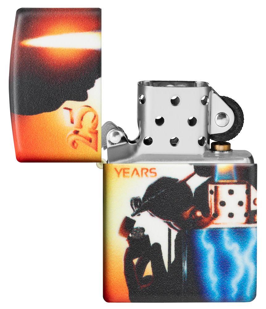 Mazzi?« 25th Anniversary 540 Color Windproof Lighter with its lid open and unlit.