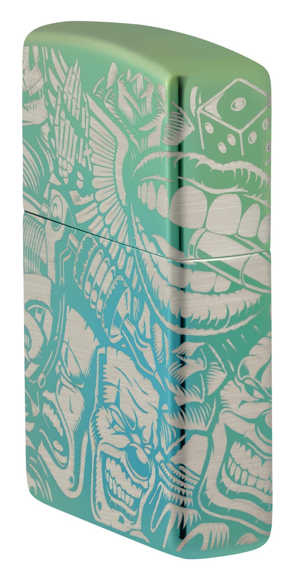 Laser 360?? Tattoo Theme Design High Polish Teal Windproof Lighter standing at an angle, showing the front and right side of the lighter.