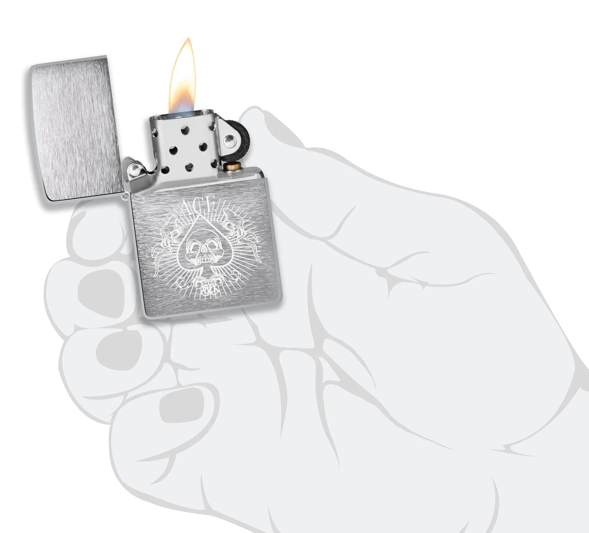 Zippo Spade Skull Design Windproof Lighter lit in hand.
