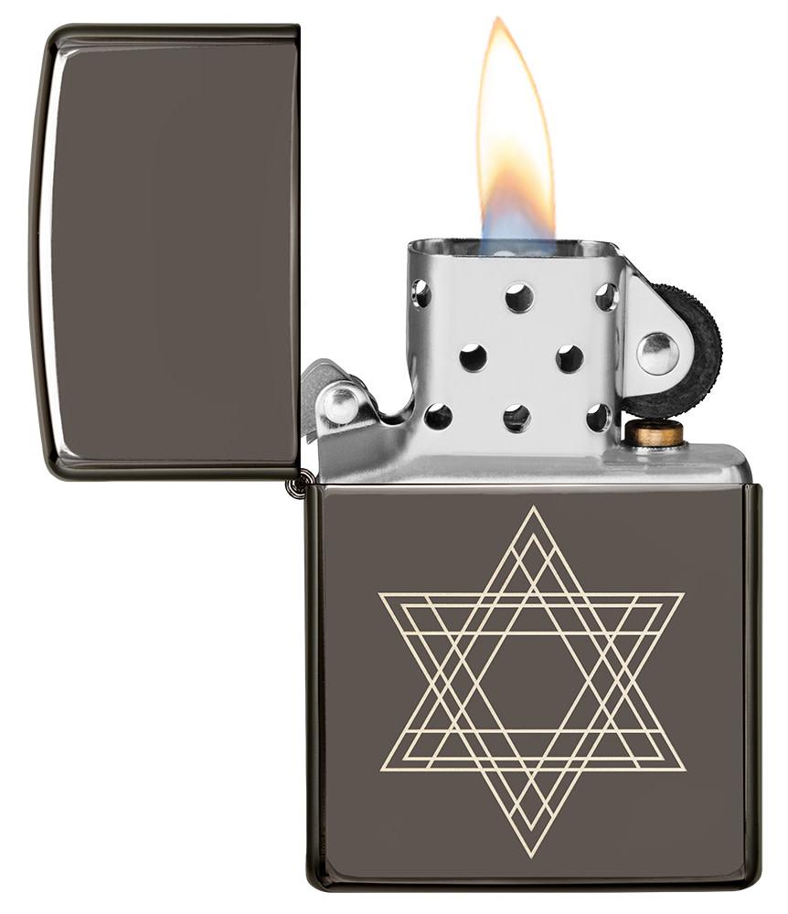 Star of David Design Black Ice?« Windproof Lighter with its lid open and lit.