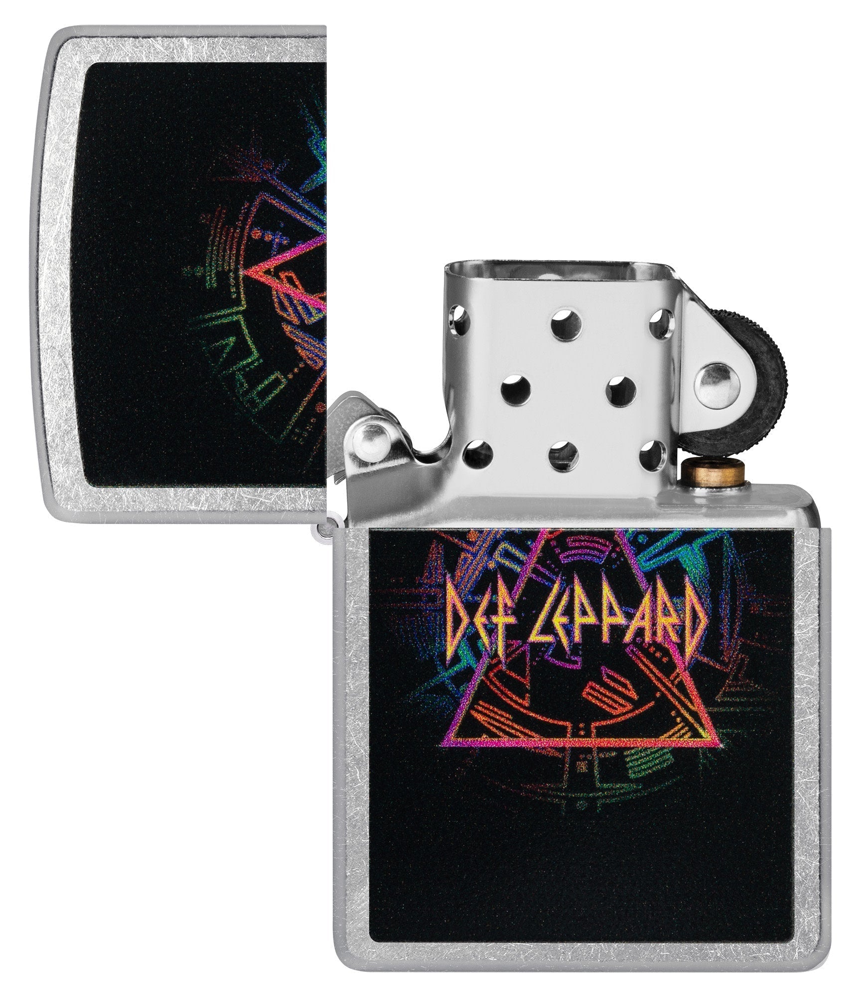 Def Leppard Design Street Chrome?äó Windproof Lighter with its lid open and unlit.