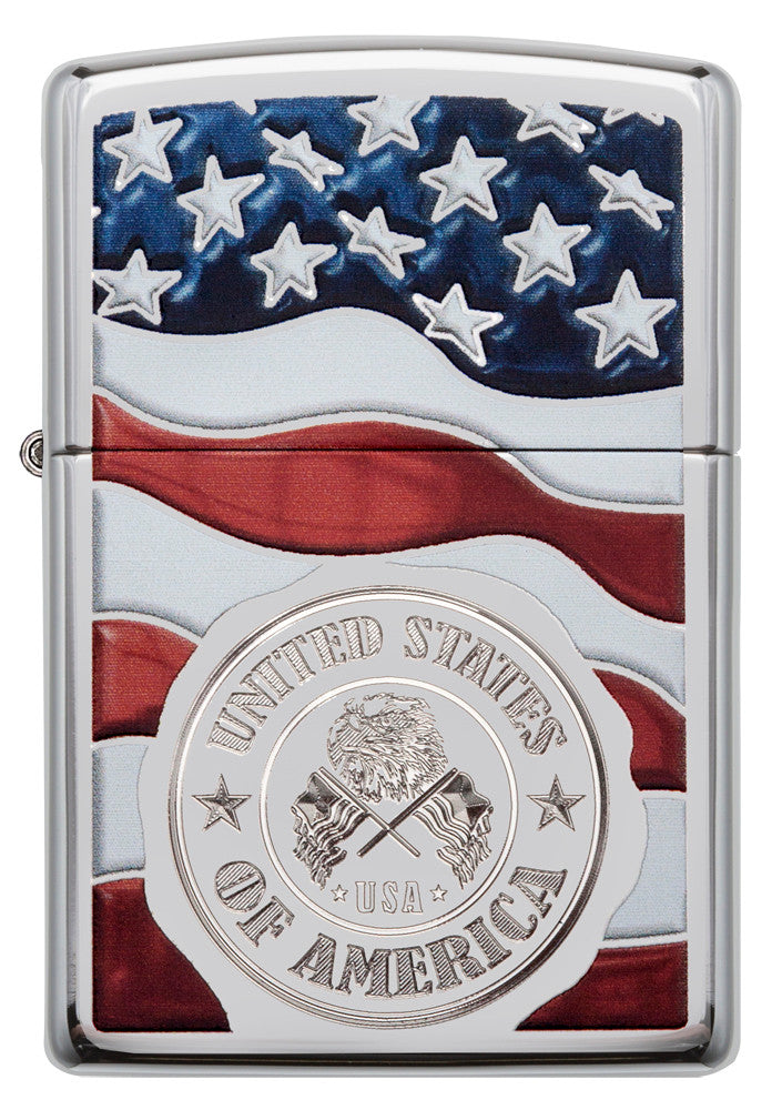 Zippo America Stamp on Flag High Polish Chrome Pocket Lighter Zippo