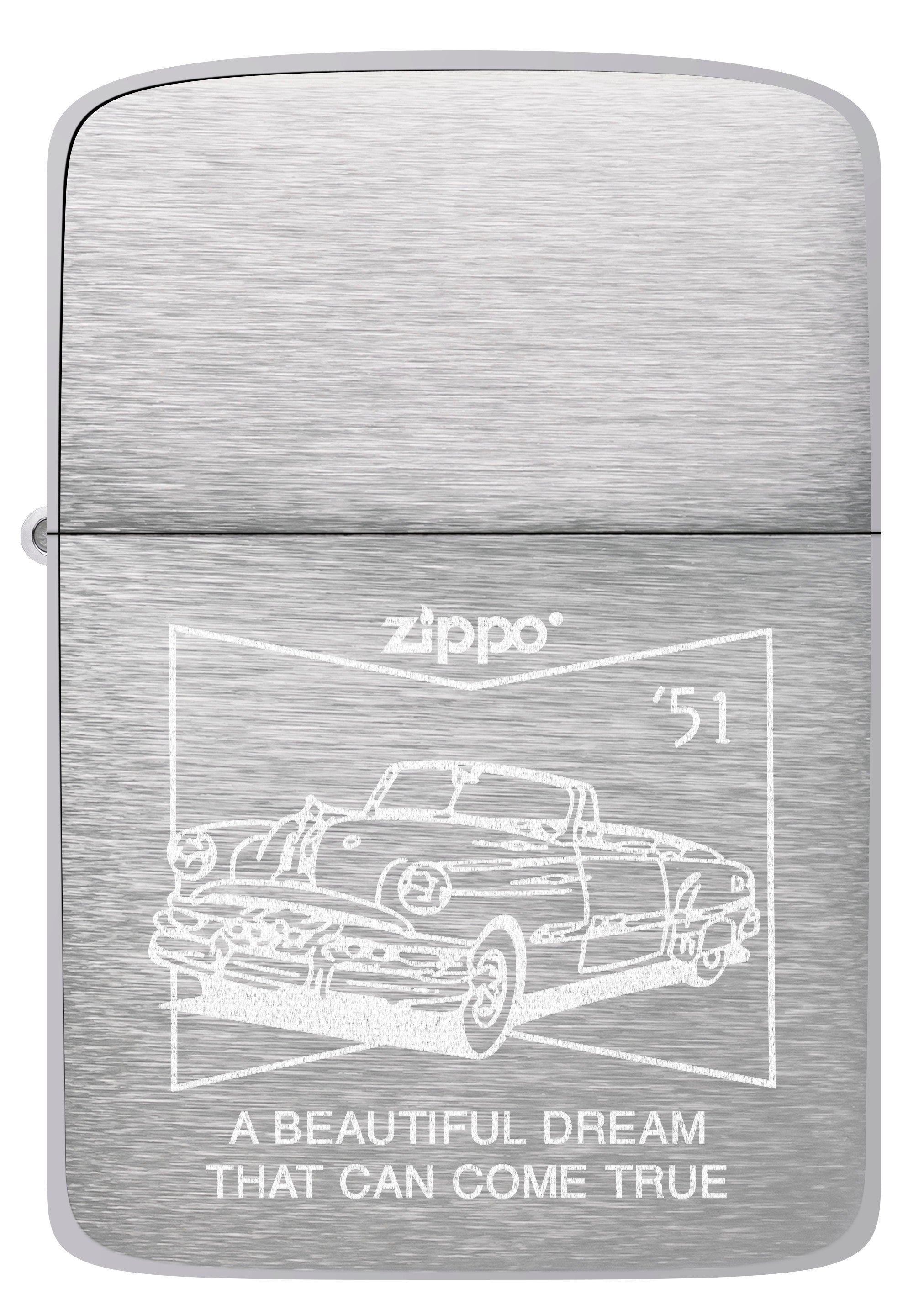 Front View of Zippo 50s Car 1941 Replica Brushed Chrome Design.
