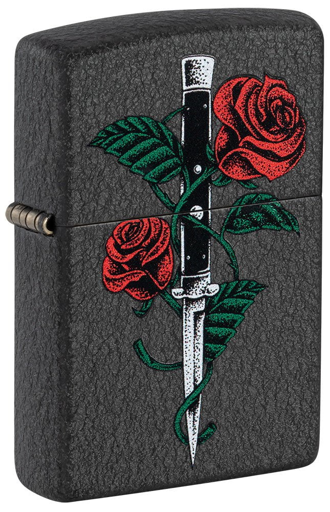 Front shot of Rose Dagger Tattoo Design Black Crackle?« Windproof Lighter standing at a 3/4 angle.