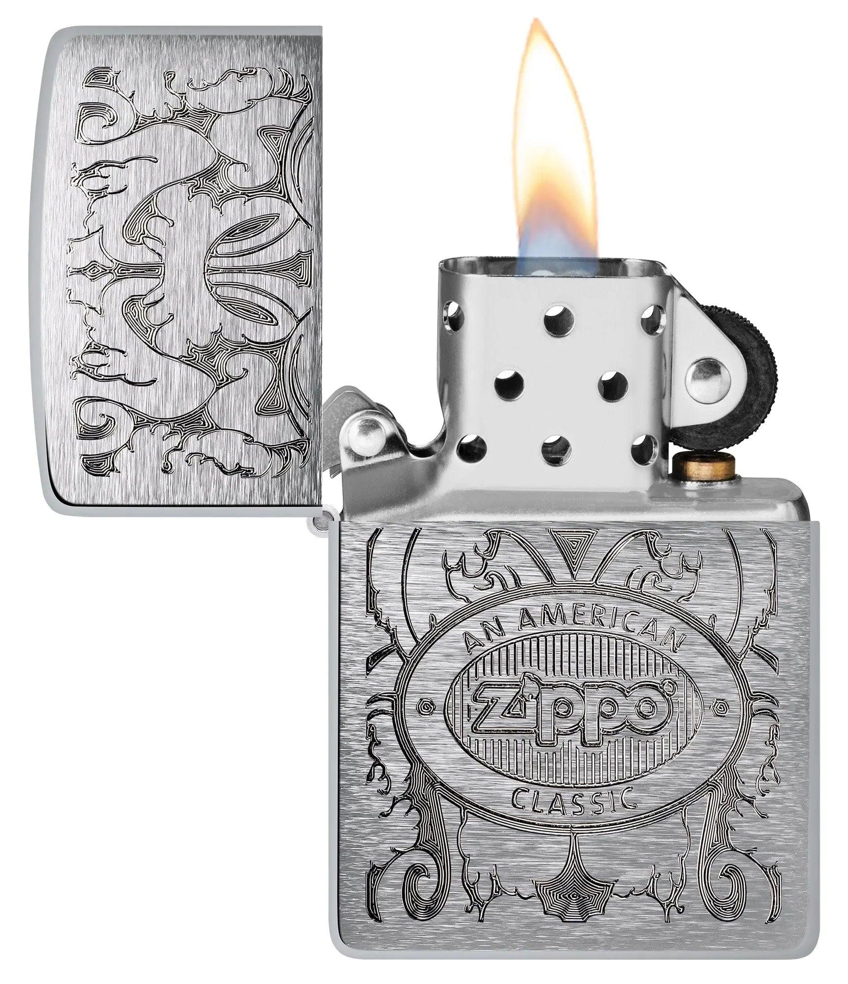 Zippo American Classic Windproof Lighter with its lid open and lit.