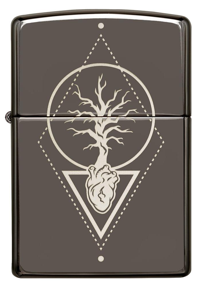 Front view of Heart Of Tree Design Black Ice?« Windproof Lighter.