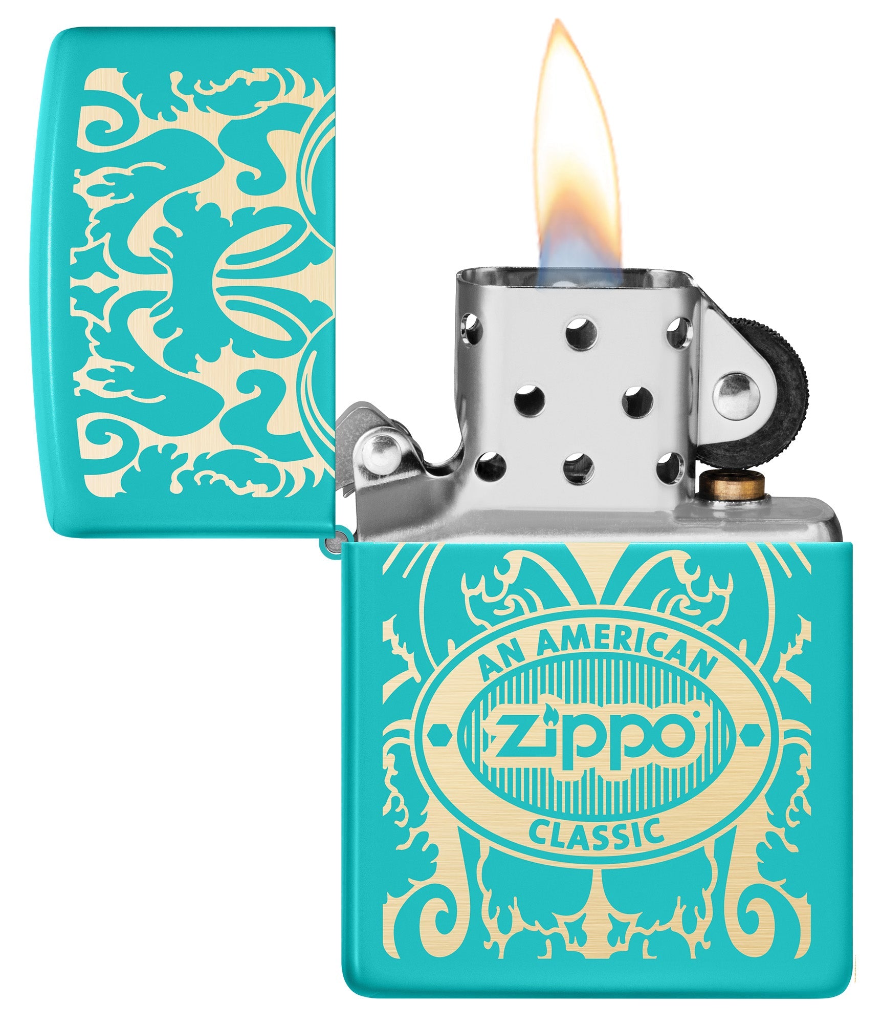 Zippo American Classic Windproof Lighter with its lid open and lit.