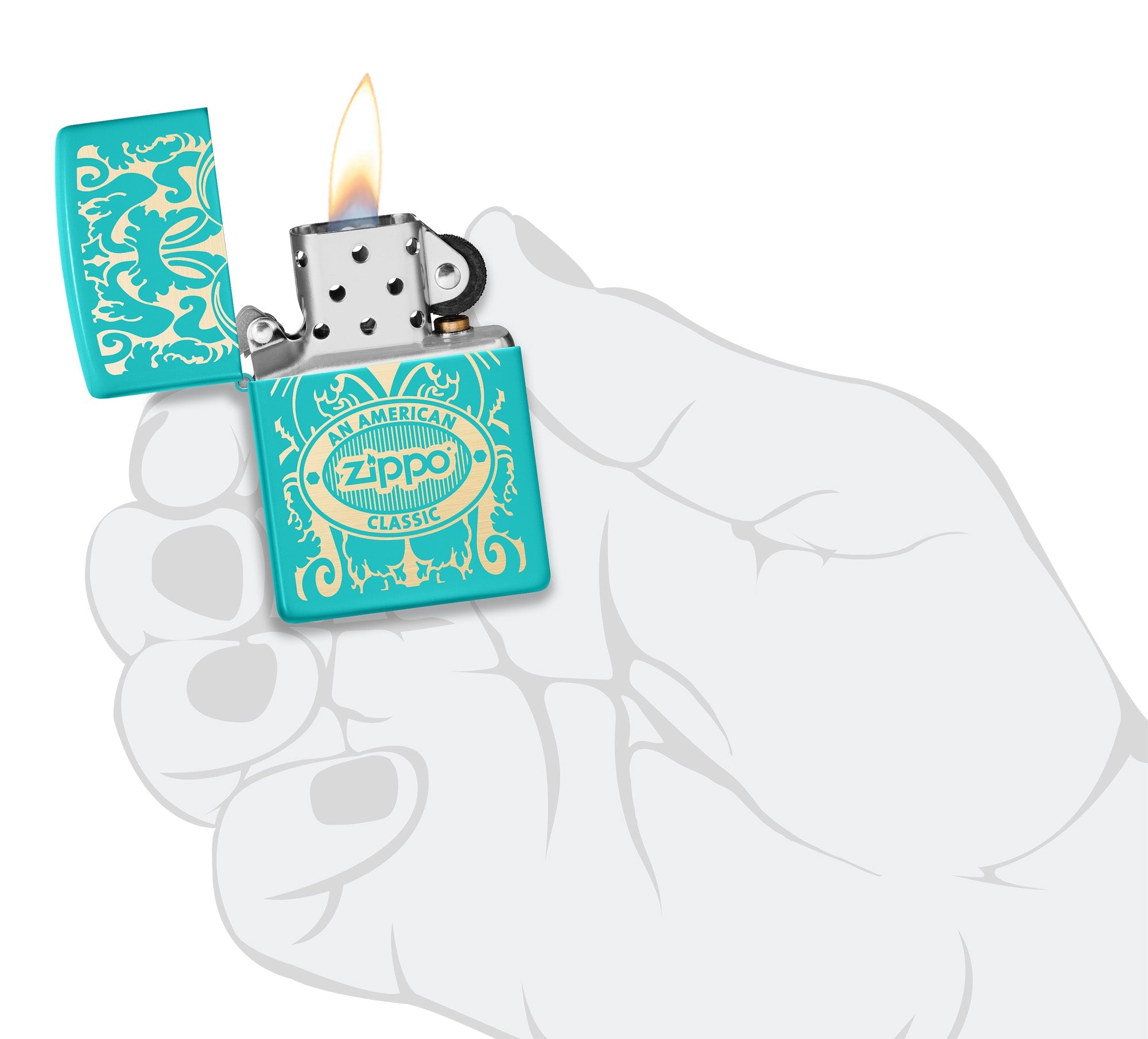 Zippo American Classic Windproof Lighter lit in hand.