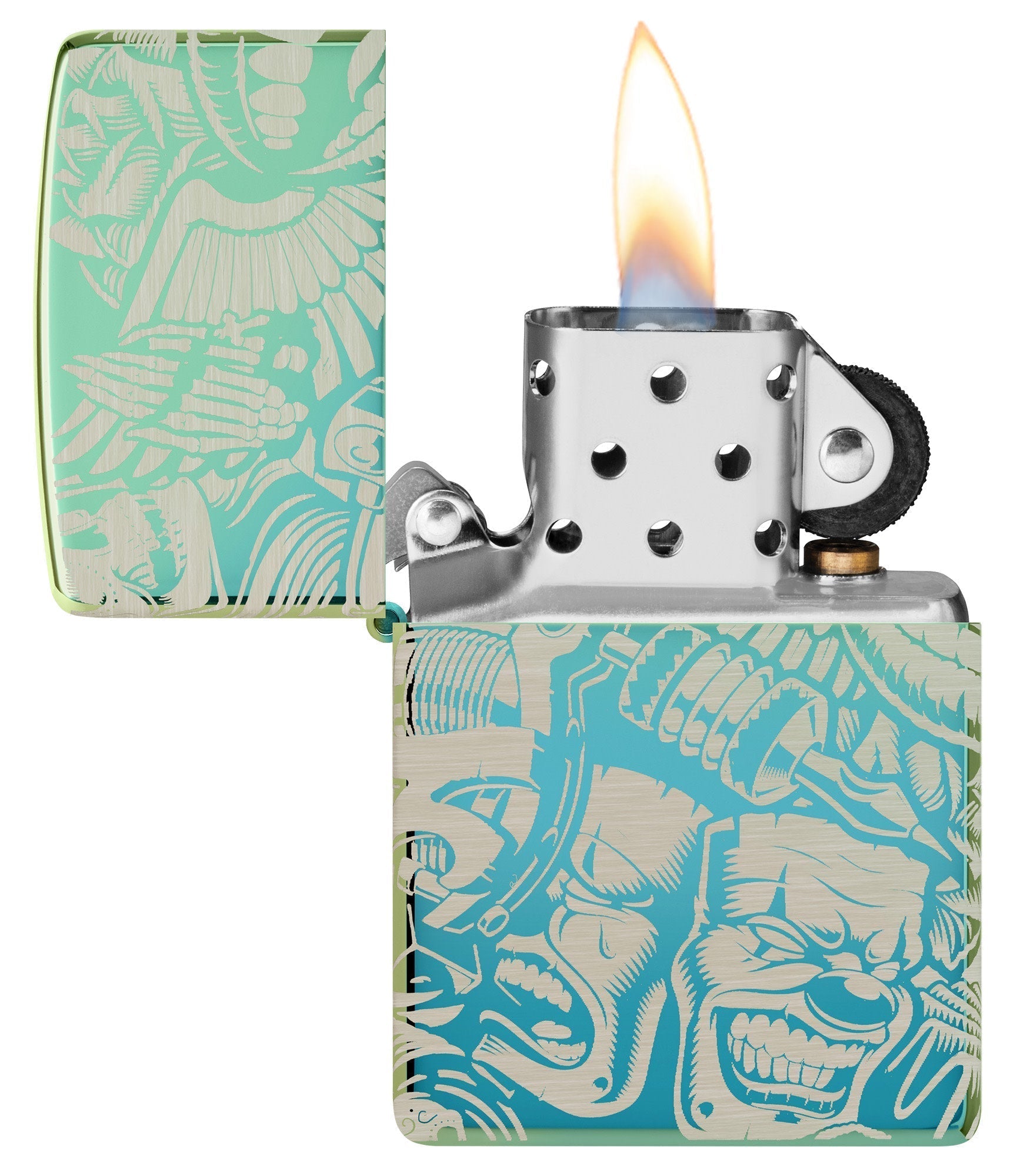 Laser 360?? Tattoo Theme Design High Polish Teal Windproof Lighter with its lid open and lit.