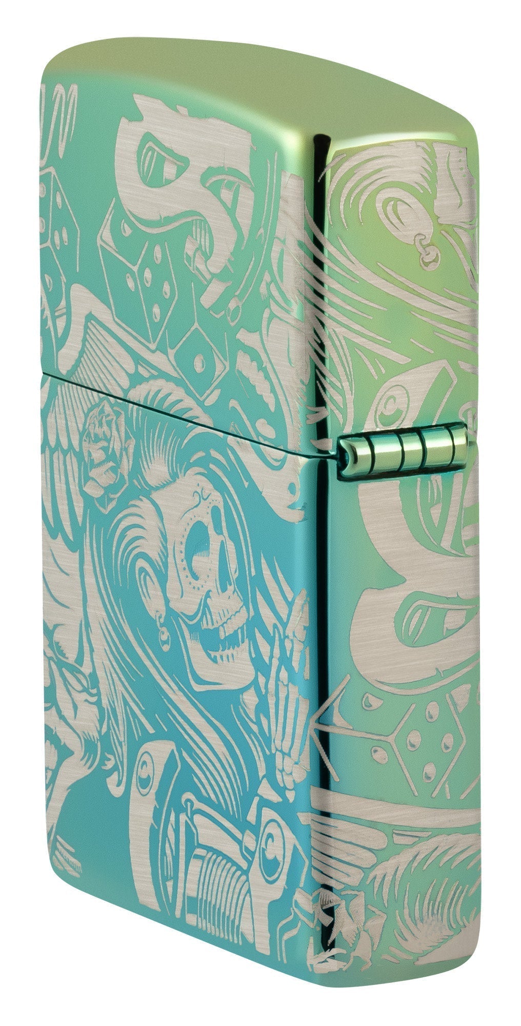 Laser 360?? Tattoo Theme Design High Polish Teal Windproof Lighter standing at an angle, showing the back and hinge side of the lighter.