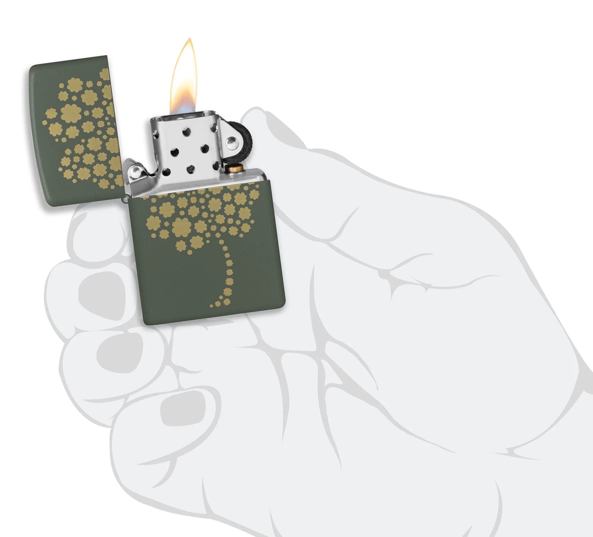 Zippo Four Leaf Clover Design Windproof Lighter lit in hand.