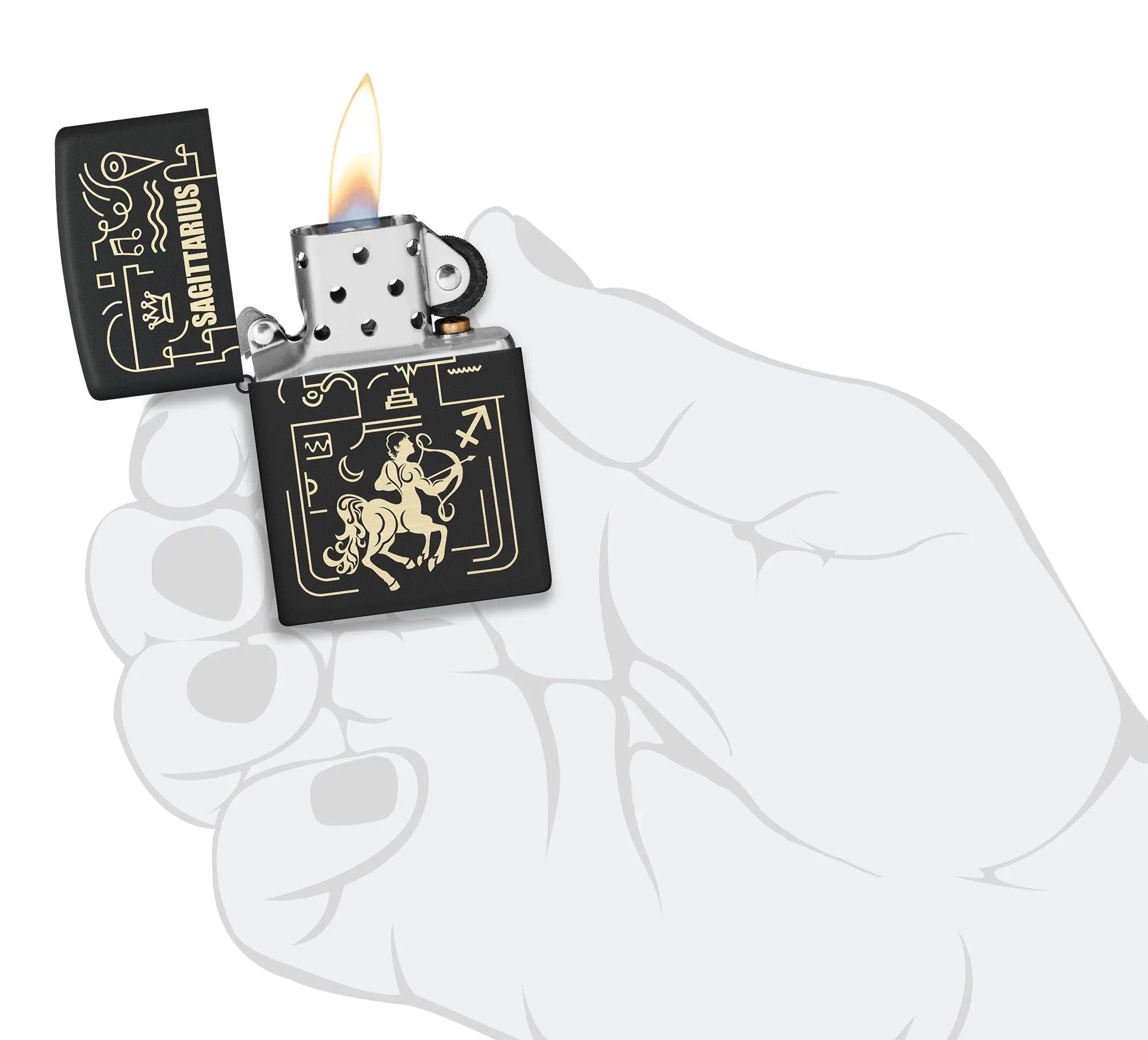 Zippo Sagittarius Windproof Lighter lit in hand.