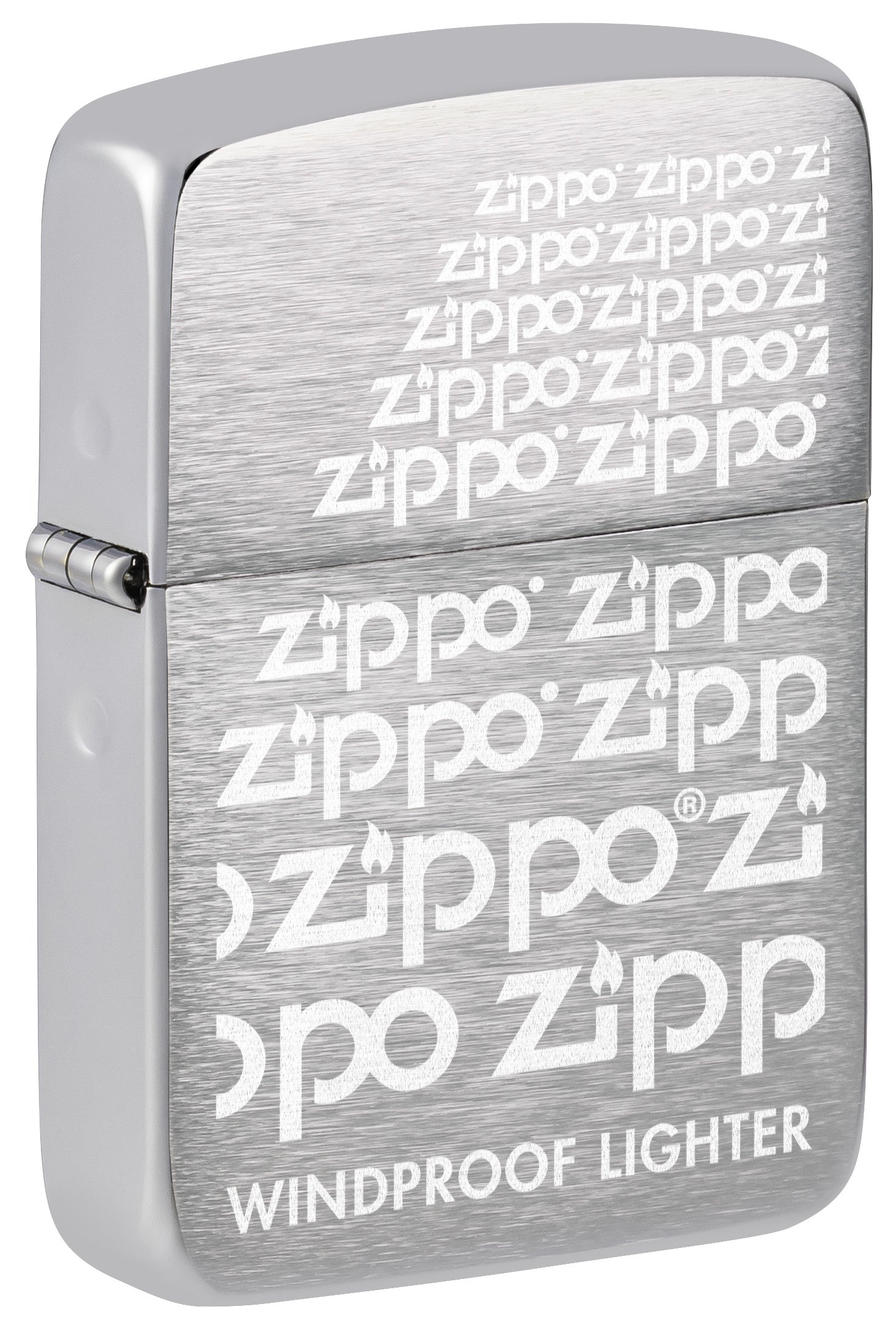 Front view of Zippo Repeat 1941 Replica Brushed Chrome Design standing at a 3/4 angle.